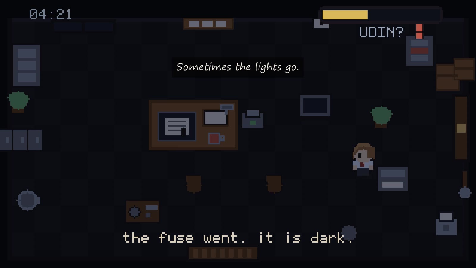 The office in darkness after the fuse goes