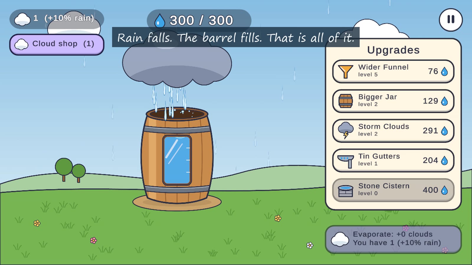 Rain falling into the barrel with the upgrade list