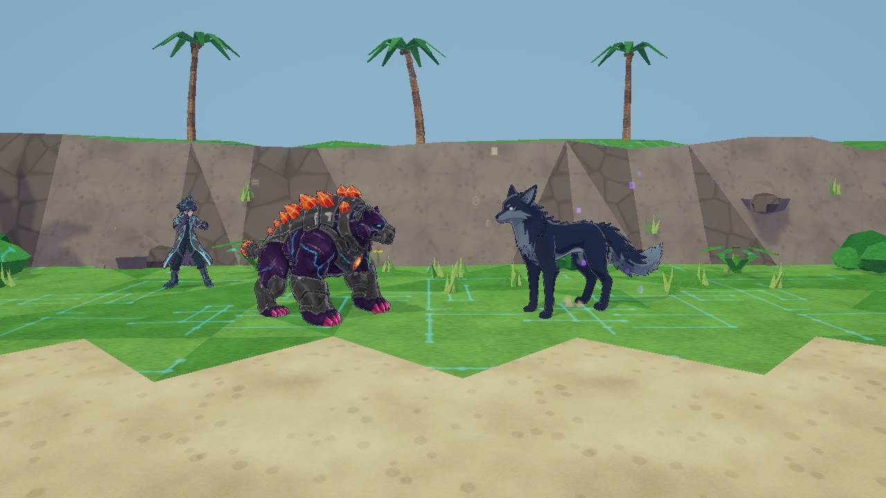 Two creatures face off in a side-on battle on a grassy cliff arena