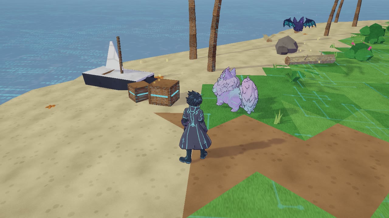 A fluffy partner on the beach beside a small boat