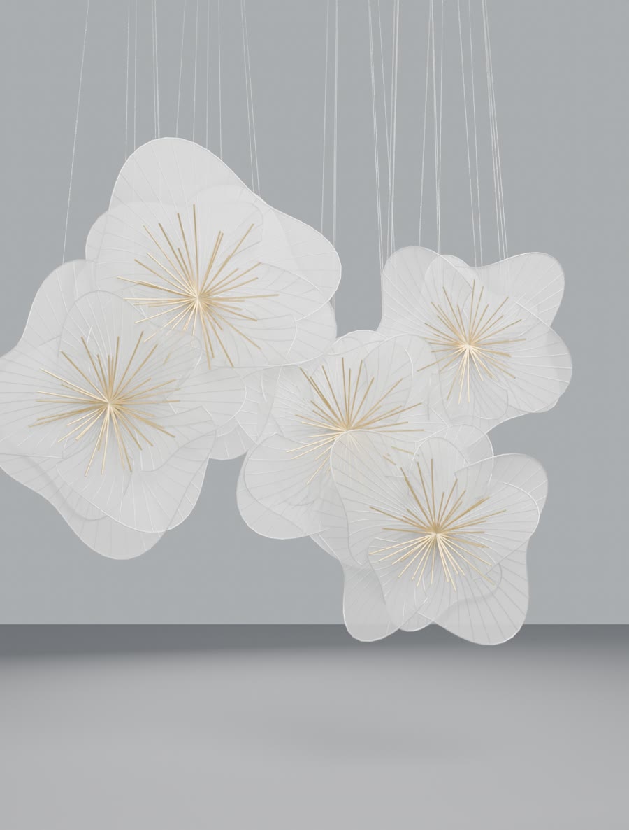 A hanging installation of sheer white flowers