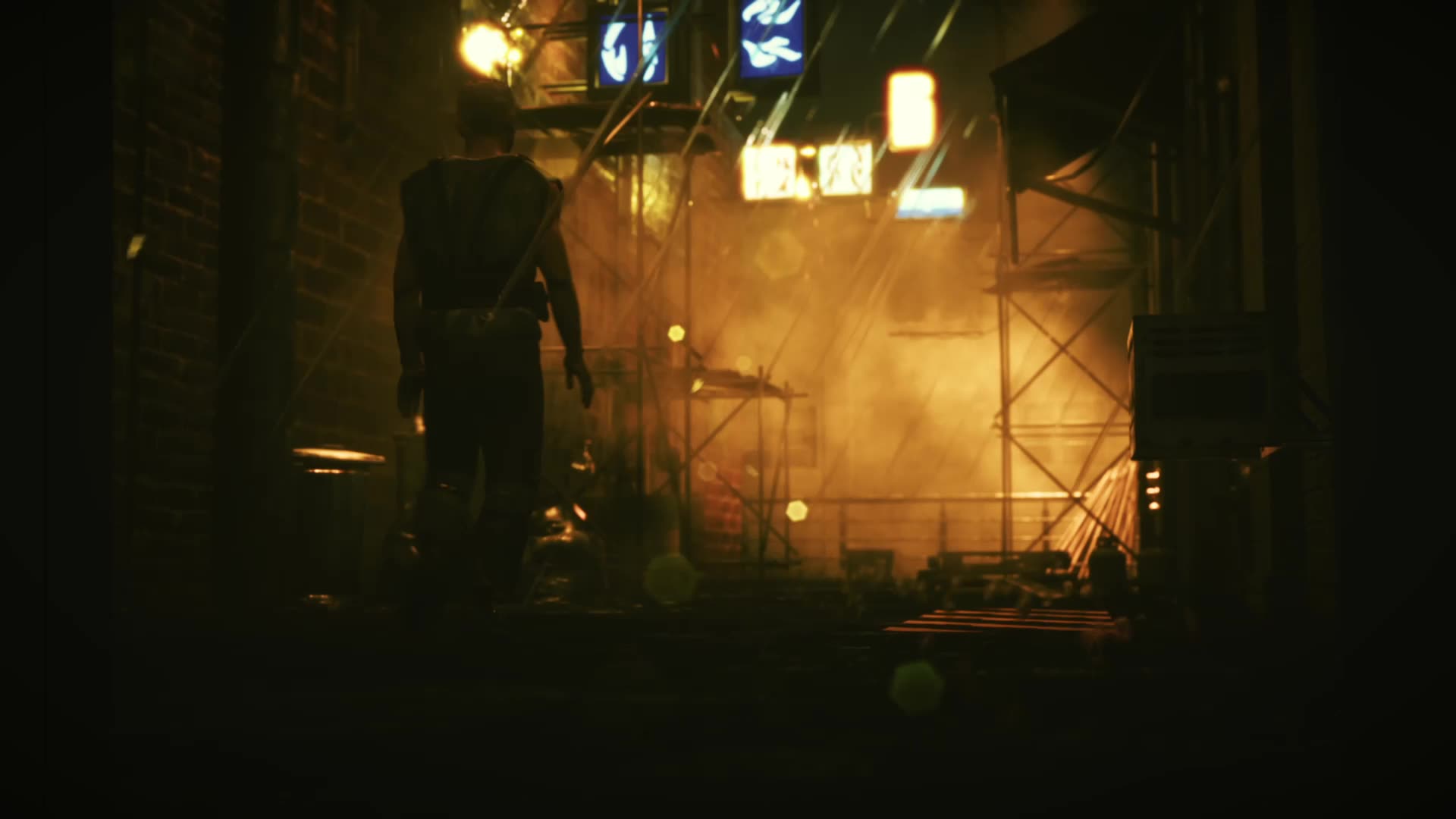 A silhouetted figure in a smoky alley lit orange, neon signs overhead