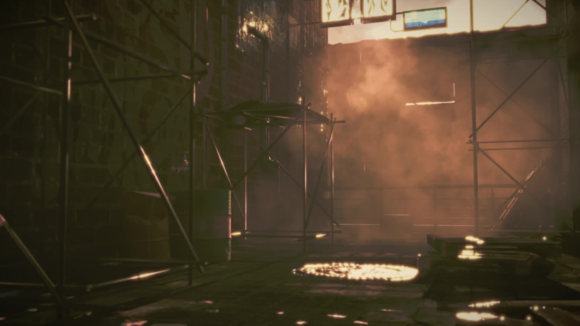 Steam rising through scaffolding at night
