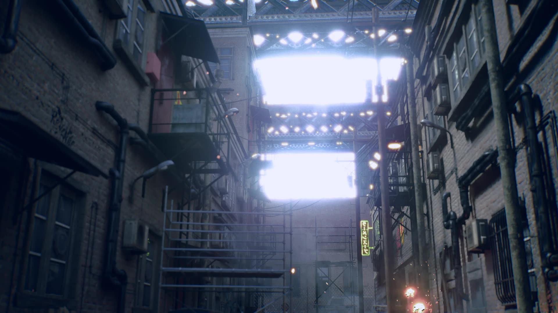 Daylight alley with steel walkways overhead