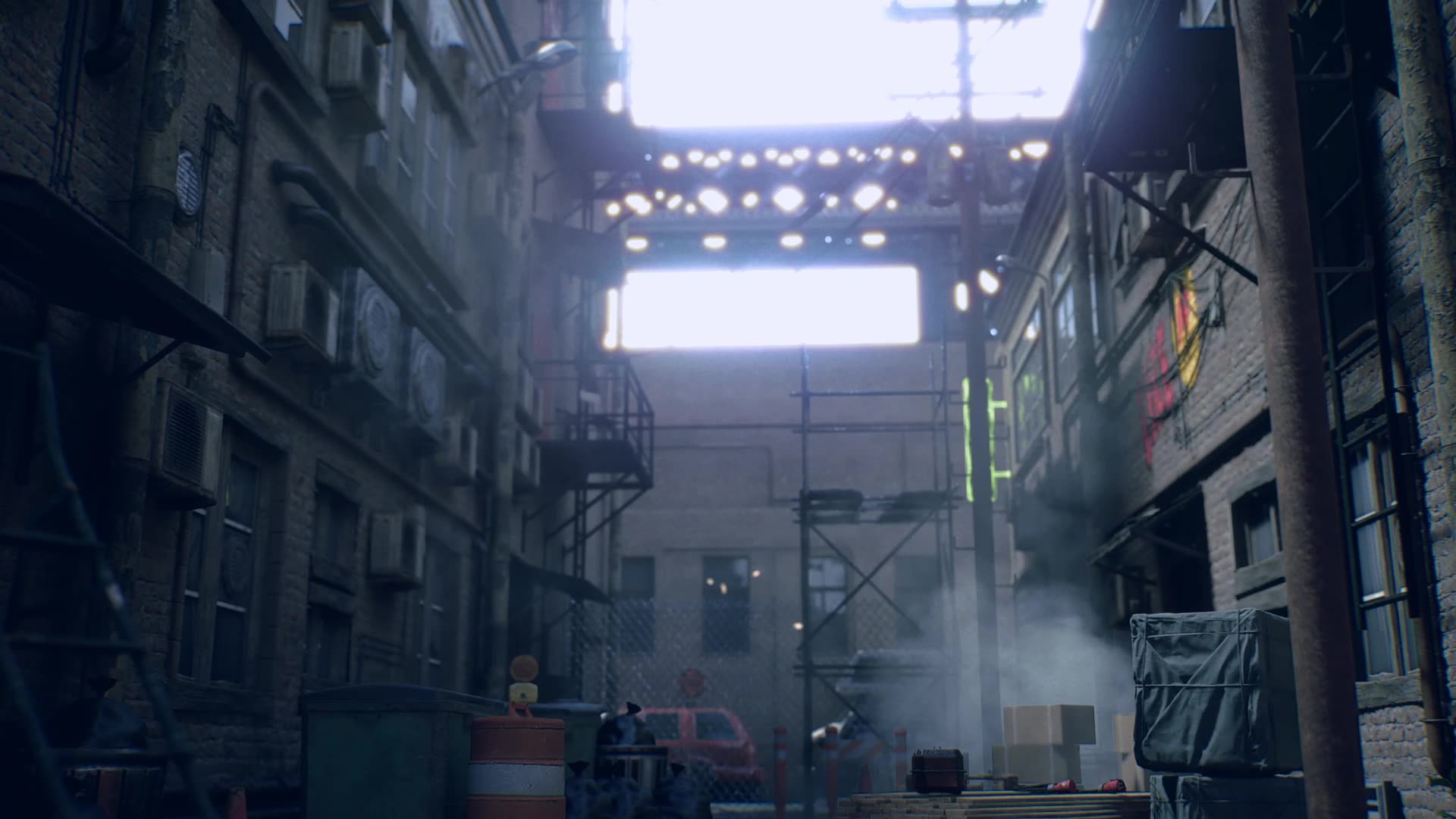 Smoke and scaffolding in the daylight alley