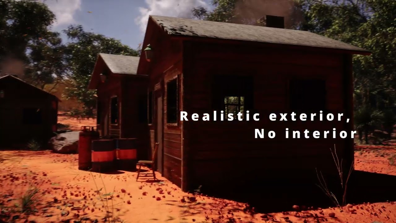 A weathered timber cabin on red earth among trees