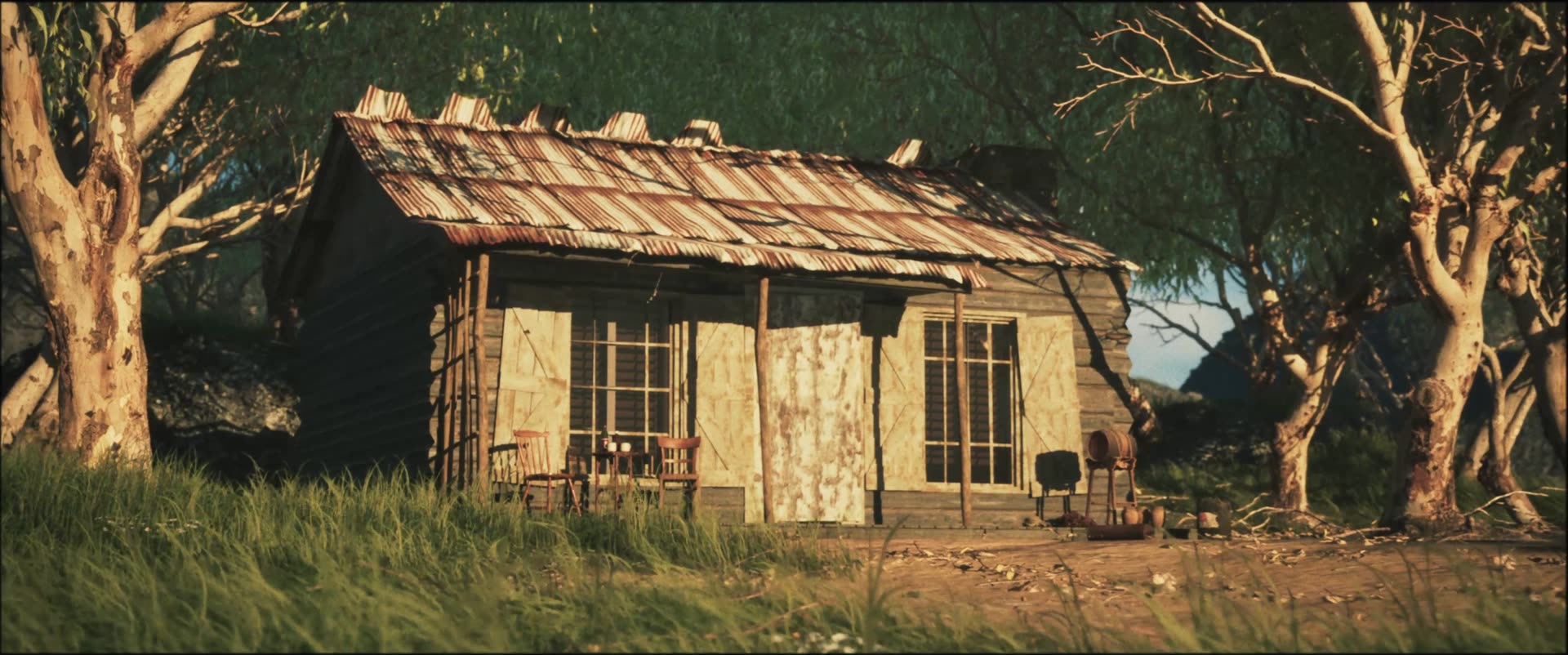 A weathered tin-roofed cabin among gum trees
